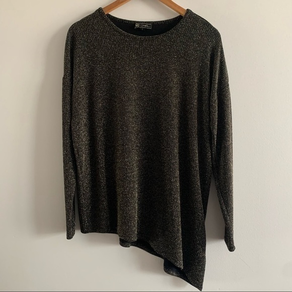 Diane GILMAN Angled Hem Bateau Neck Top Long Sleeve Tee Black Blouse - Picture 2 of 9